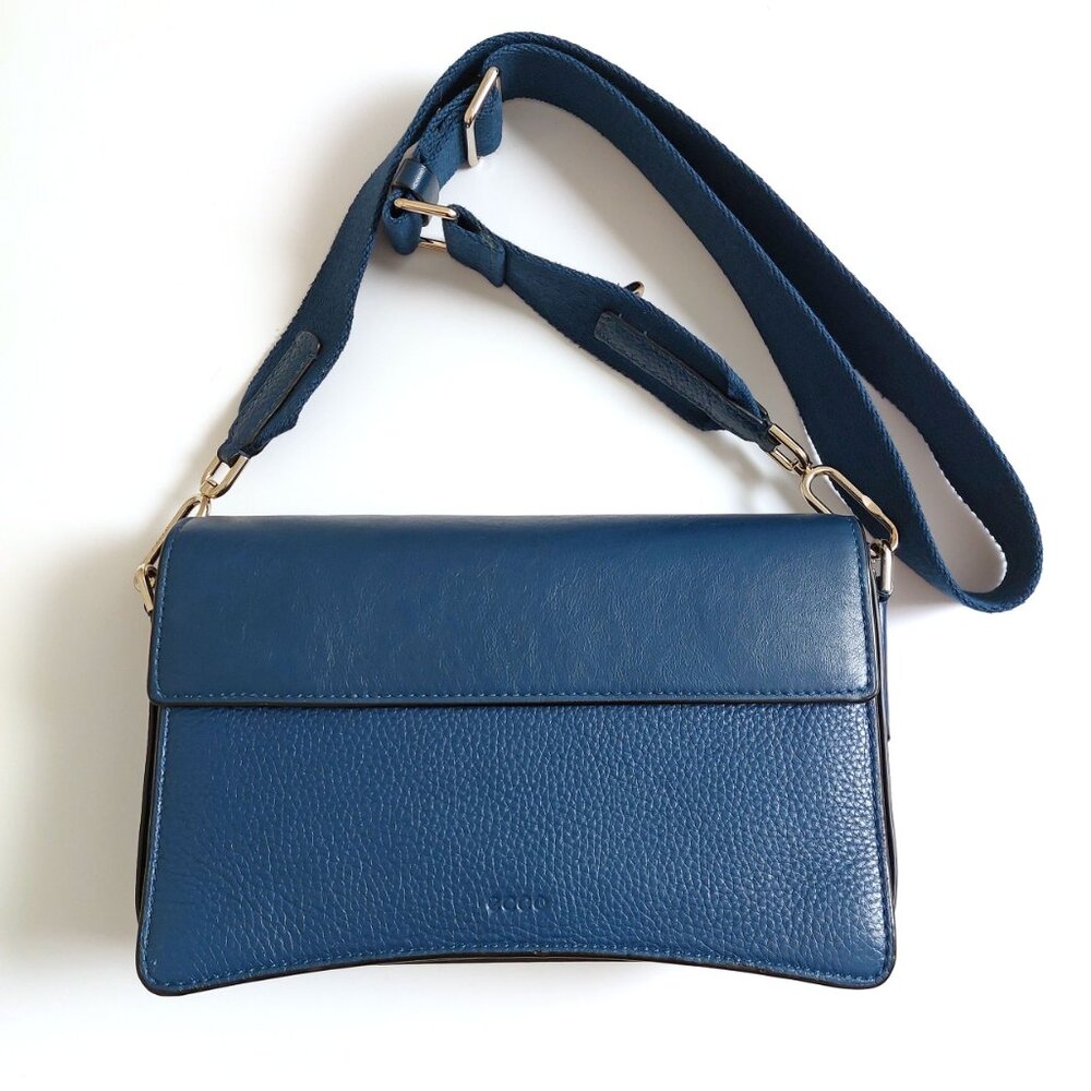 ECCO Pinch Bag Large – Seaport Teal Blue Leather Crossbody with Canvas Strap - Picture 1 of 16